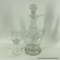 Clear Glass Decanter And Stemmed Glass Each With Etched Design