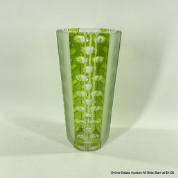 Green And Frosted Cut To Clear Crystal Vase