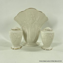 Lenox Ivory China Iris Vase And Grape Cluster Salt And Pepper Set