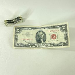 Vintage 1963 Red Seal $2 Bill And An Intricately Folded $1 Bill