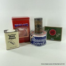 Five Vintage Metal Tins From Kool-Aid, Manning's Coffee, Lucky Strike Cigarettes, More