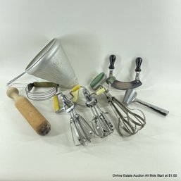 Assorted Vintage Kitchen Items Including Sieve, Egg Beaters, Muddler, And More
