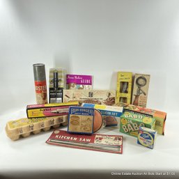Vintage Kitchen Items And Packaging Including Bab-O Scouring Pads, Batter Power Mixer, Egg Carton, More