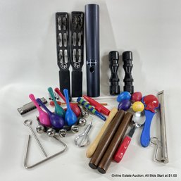 Large Lot Of Handheld Percussion Instruments, Slide Whistle, Kazoos And More