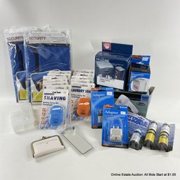 Assorted Travel Items Including Soap Sheets, Iodine Water Tablets, Power Adaptors, Mini Hairdryer, More