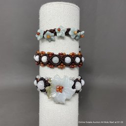 3 Nephrite Hand-Carved Floral & Beaded Bracelets On Woven Cords