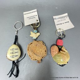 2 Hand-Carved Hawaiian Key Charms & 1 Complementary Key Charm, Teak Wood, Bone, Tagua Nut