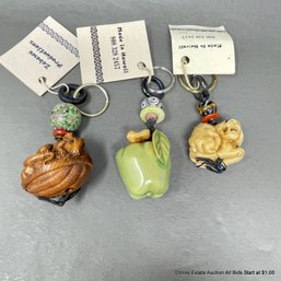 3 Hand-Carved Hawaiian Key Charms Tagua  Nut, Jasper, Box Wood, Yellow Jade