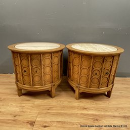 Pair Of Thomasville Mid Century Modern Walnut Drum Tables With Flagstone Tops (LOCAL PICK UP ONLY)