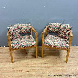 Pair Of Vintage Upholstered Wooden Side Chairs With Small Throw Pillows (LOCAL PICK UP ONLY)