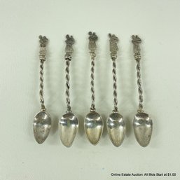 5 Sterling Silver Demitasse Spoons With Barley Twist Handle And Figural Ends, 47 Grams Total Weight