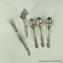 Sterling Silver Demitasse Spoons, Sugar Cube Tongs, And Small Serving Fork, 48 Grams Total Weight