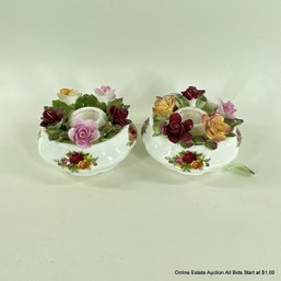 Pair Of Old Country Roses By Royal Albert Bone China Tapered Candle Holders