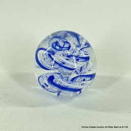 Art Glass Paperweight With Blue And White Swirls
