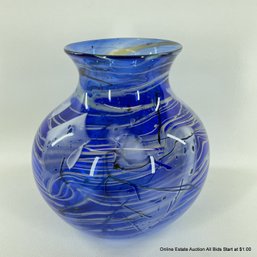 Signed Blown Blue Glass Vase, 1995