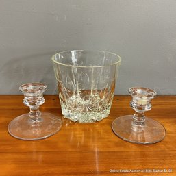 Etched Glass Ice Bucket And Candlestick Holders, Unmarked