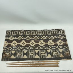 Vintage Tapa Bark Cloth & 3 Carved Bamboo Decorative Spears