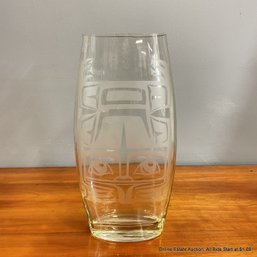 Etched Glass Vase With Northwest Native American Style Beaver Unsigned
