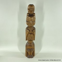 Carved Wood Three Figure Totem Pole 16.5' H Unsigned