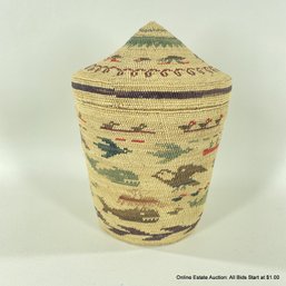 Kathy Edgar (Nuu-Chah-Nulth) 8' Lidded Basket With Whale, Avian Design