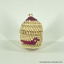 Miniature Woven Lidded Basket With Avian Design 1.75'H