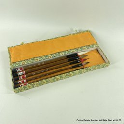 Set Of 5 Chinese Writing Brushes In Original Fabric Wrapped Storage Box