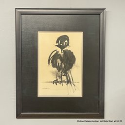Signed Ink On Paper Mid-Century Bird Painting