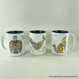 Three Sue Coccia Animal Spirit Coffee Mugs From Santa Fe, Borrego Springs, And Skagway