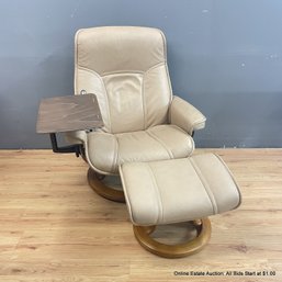 Ekornes Stressless Sand Leather Swivel Recliner With Ottoman And Attached Personal Table (LOCAL PICK UP ONLY)
