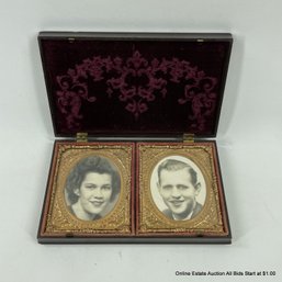 Pair Of Vintage Photos In An Ornate Antique Style Hinged Case With Gold Tone Frames
