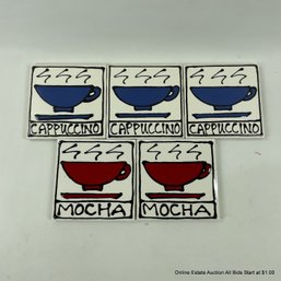Set Of 5 Coffee Themed Ceramic Coasters Artist Signed Cappuccino And Mocha