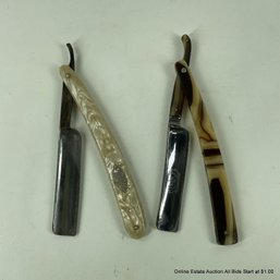 Pair Of Vintage Straight Edge Razors, Blue Bowdin's And Wilber Cutlery Co. Chicago