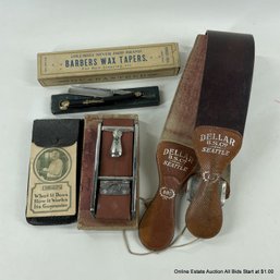 Collection Of Vintage Straight Edge Razors, Razor Strops And Barbers Wax Tapers