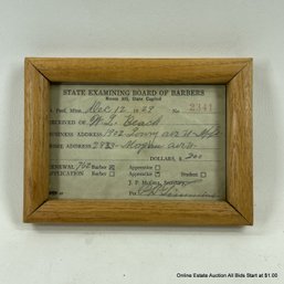 Original Signed 1929 Board Of Barbers License In Frame From Saint Paul, Minnesota