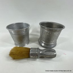 Pair Of Tin Vintage Barber Shaving Mugs And Shaving Brush