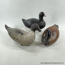 Three Vintage Duck Decoys, Wood And Canvas Wrapped Cork