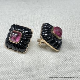 14K Yellow Gold Pink Tourmaline Onyx Earrings 23 Grams