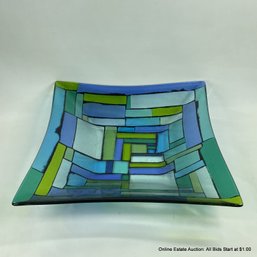 Large 16' Square Fused Glass Bowl In Blues And Greens