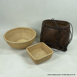 2 Woven Baskets And A Woven Bag