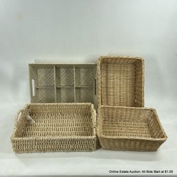 3 Shallow Rectangular Woven Baskets One Is Divided