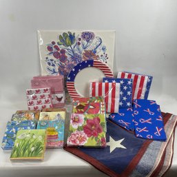 Large Lot Of Patriotic And Birthday Paper Party Supplies And Americana Fabric Tablecloth