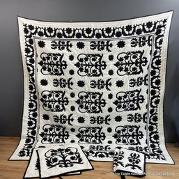 Pottery Barn Queen Applique Quilt In Black And White Two Standard Shams Two Euro Shams