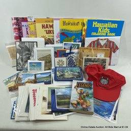 Large Lot Of Hawaiian Themed Items, Notecards, Hat, Book Of Legends And More