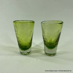 Two Green Glass Shot Glasses With Etched Hummingbird Design