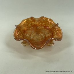 Small Peach Carnival Glass Tri Footed Bowl With Jaguar Design
