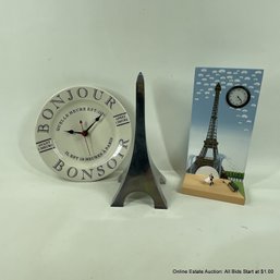 3 Parisian Themed Items Jules Aluminum Eiffel Tower Artist Signed Clock Bon Jour Kitchen Clock