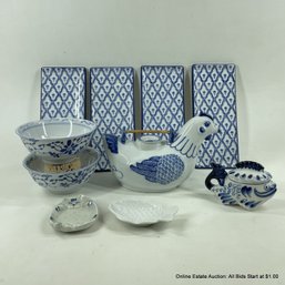 Lot Of Blue And White Ceramics Chicken Tea Pot Fish And Cat Tea Bag Holder Bowls Small Plates