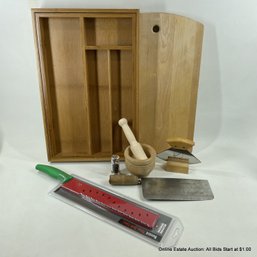Kitchen Items: Kuhn Rikon Melon Knife, Hong Kong Cleaver, Alaska Ulu, Wood Items