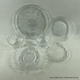 6 Piece Vintage Clear Glass Floral Themed Bowls And Plates