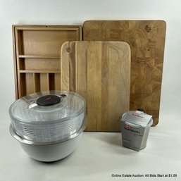 Lot Of Kitchen Items: Oxo Spinner, Sifter And Mixing Bowl, Cutting Boards, Bamboo Organizer